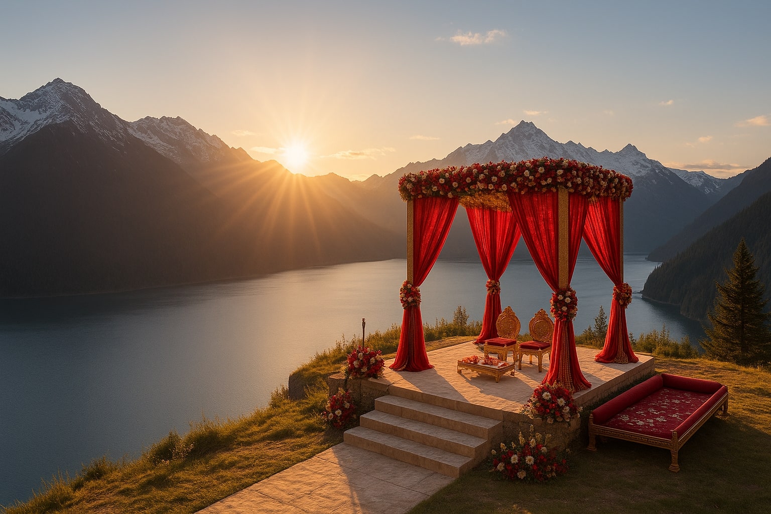 Stunning destination wedding mandap by a mountain lake